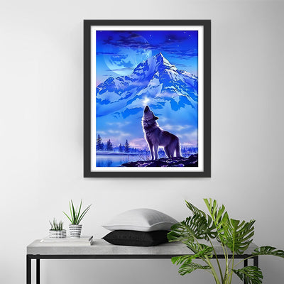 Loup et Montagne Enneigée Bleue Broderie Diamant