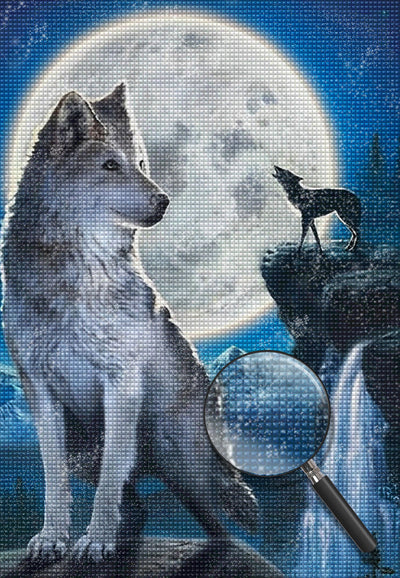 Loups et Enorme Lune Claire Broderie Diamant