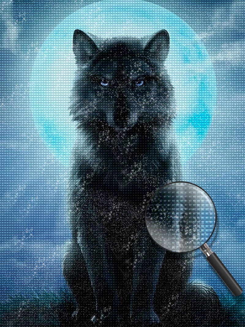 Loup Noir et Lune Bleue Broderie Diamant