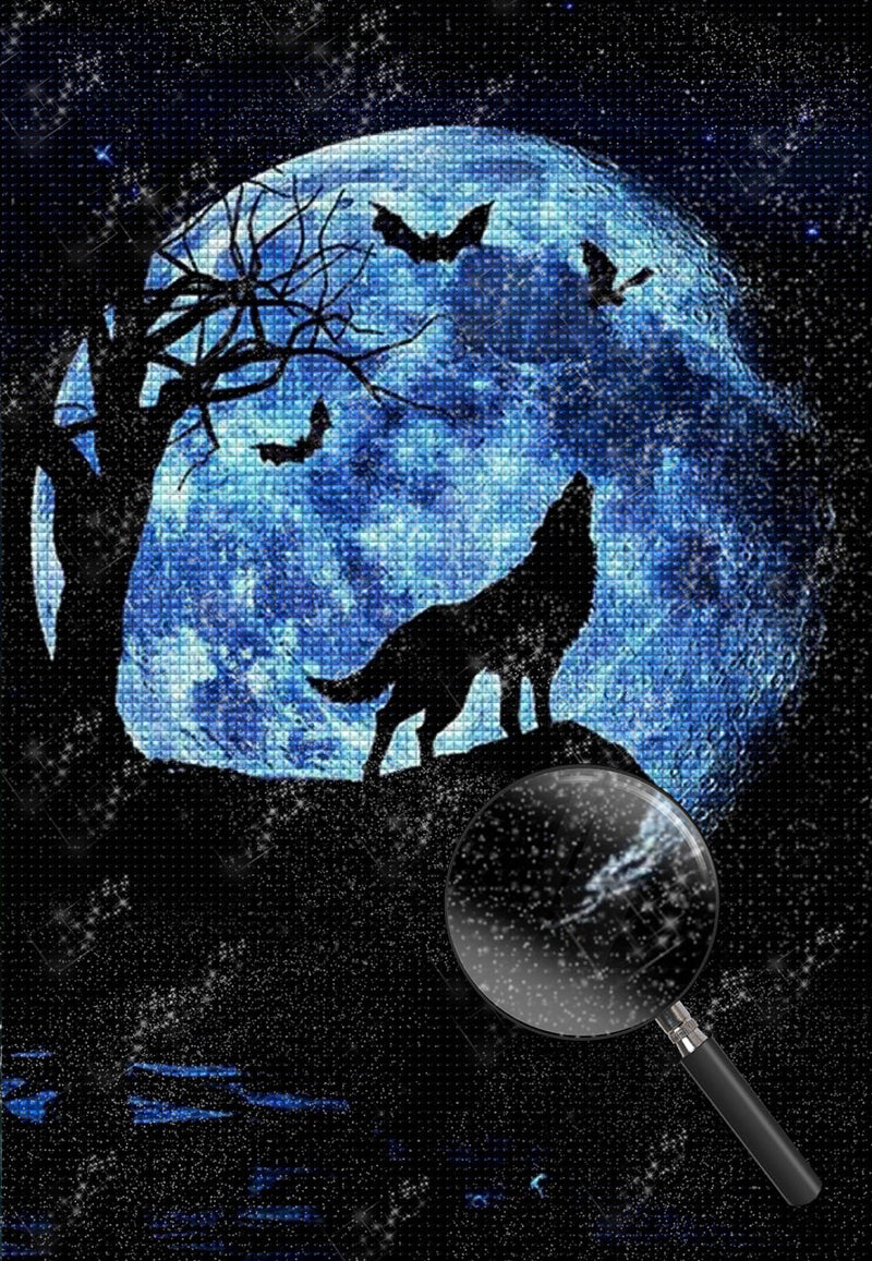 Loup, Oiseaux et Lune Bleue Broderie Diamant