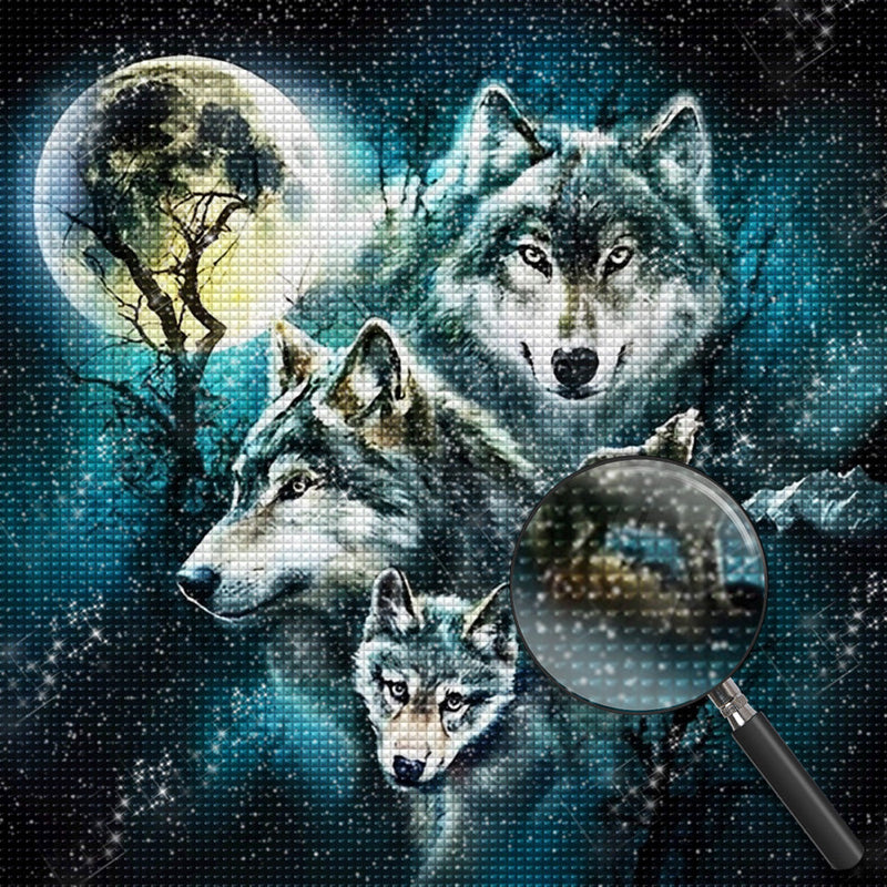 Quatre Loups et Lune Broderie Diamant