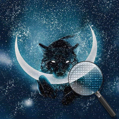 Loup Noir Mangeant la Lune Broderie Diamant
