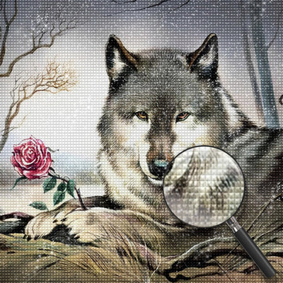 Loup Gris et Rose Broderie Diamant