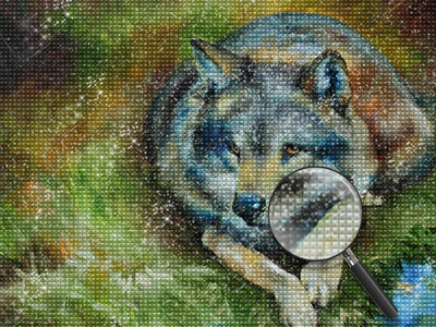 Loup Allongé sur la Pelouse Broderie Diamant