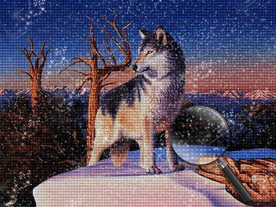 Loup à la Montagne Enneigée Broderie Diamant