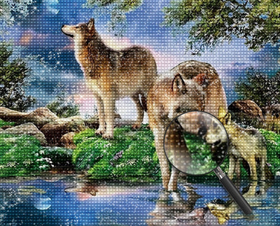 Famille de Trois Loups au Bord du Lac Broderie Diamant