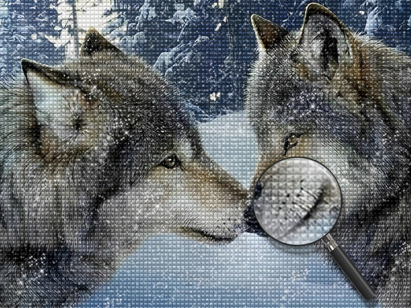 Deux Loups Gris Se Touchant le Nez Broderie Diamant