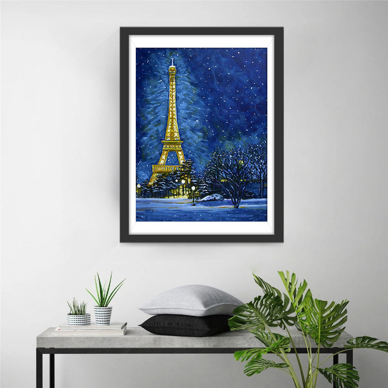 Tour Eiffel dans la Nuit Neigée Broderie Diamant