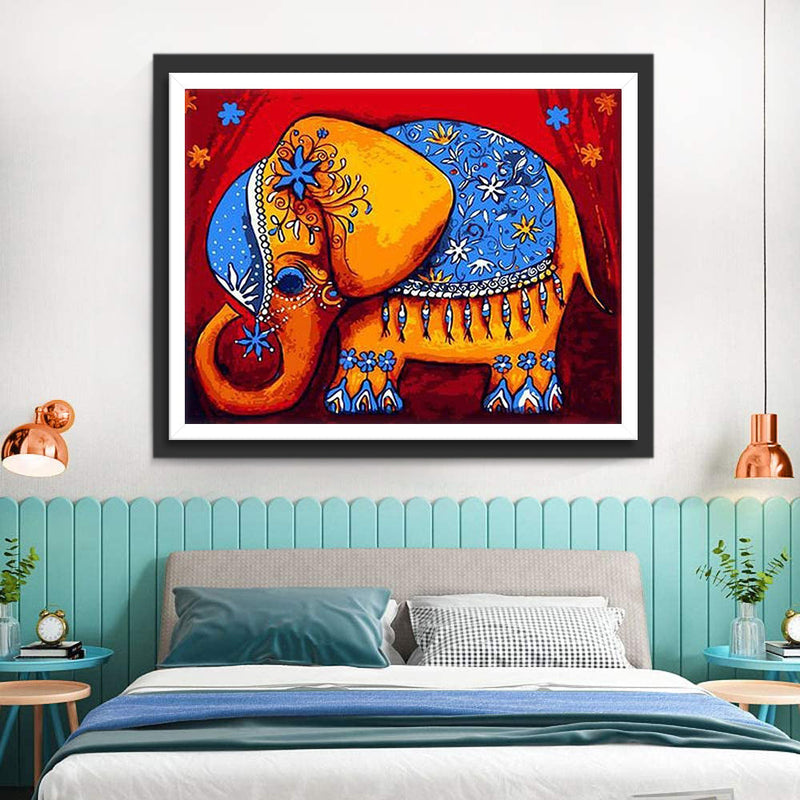 Éléphant avec des Décorations Bleues Broderie Diamant