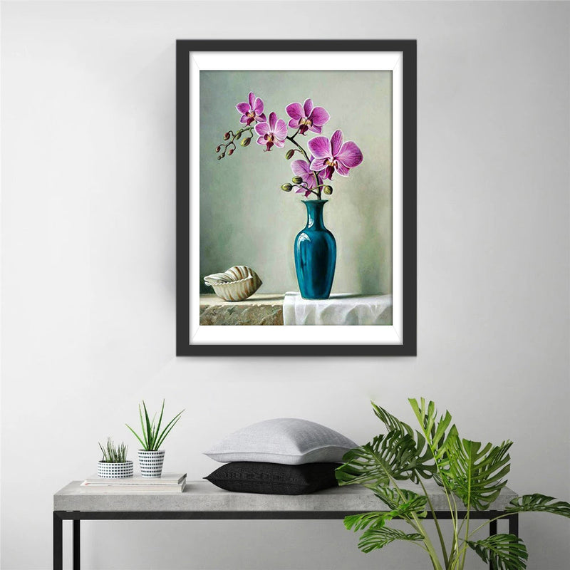 Une Branche de Orchidées Violettes dans le Vase Bleu Broderie Diamant