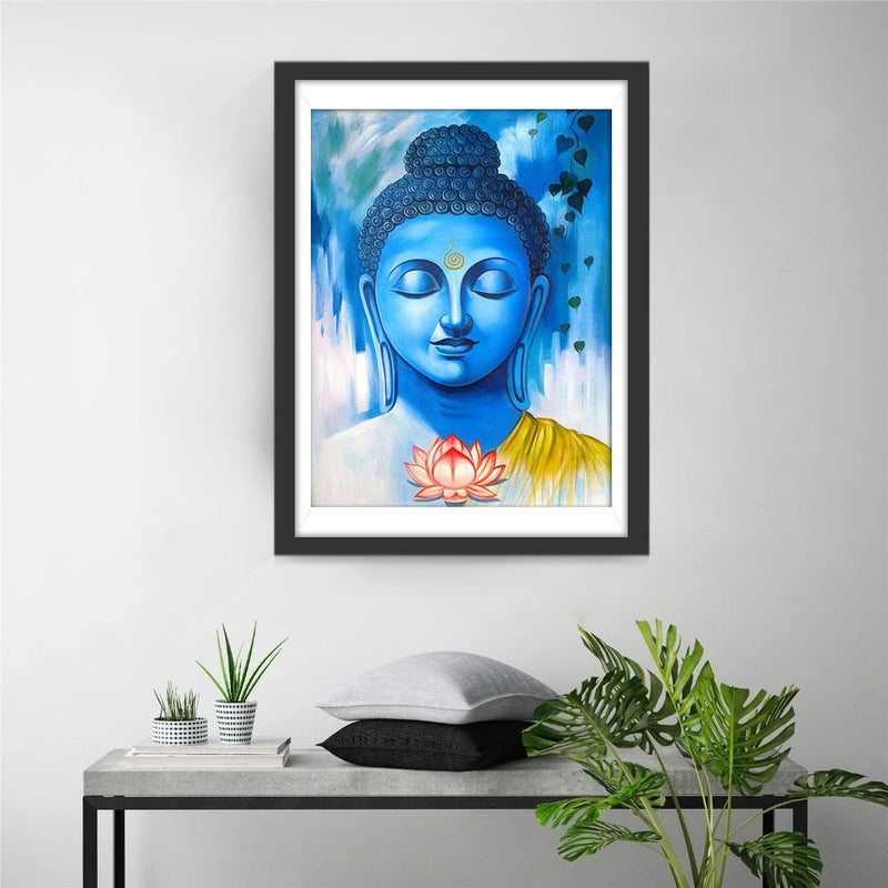 Lotus et Statue Bouddhiste Bleue Broderie Diamant