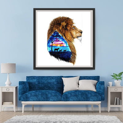 Lion avec l'Image de Sa Famille Broderie Diamant