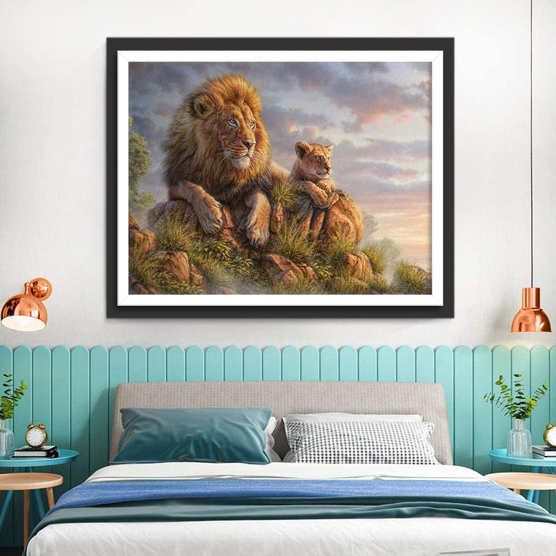 Lion et Son Lionceau dans les Montagnes Broderie Diamant