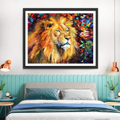 Lion avec des Fleurs Multicolores Broderie Diamant