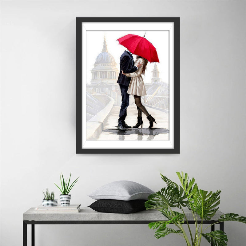 Couple avec un Parapluie Rouge Broderie Diamant