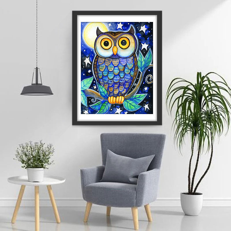 Hibou Cartoon et la Lune Broderie Diamant