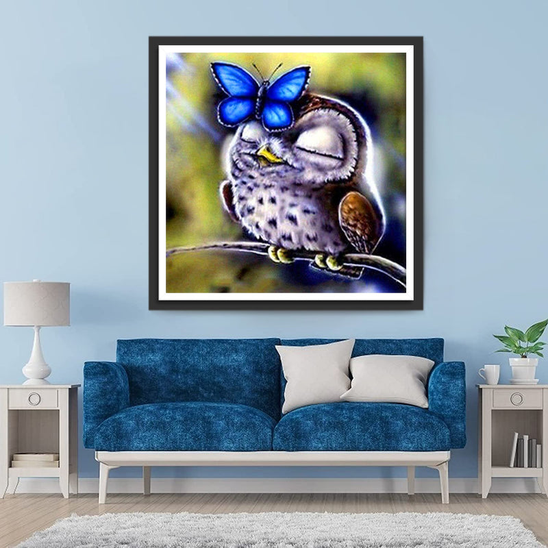 Petit Hibou Mignon et Papillon Bleu Broderie Diamant