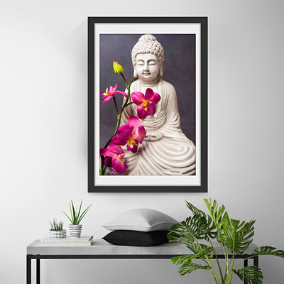 Orchidées Roses et Statue Bouddhiste Religion Broderie Diamant
