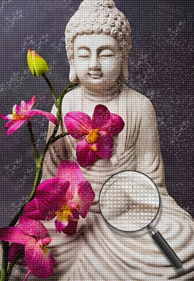 Orchidées Roses et Statue Bouddhiste Religion Broderie Diamant