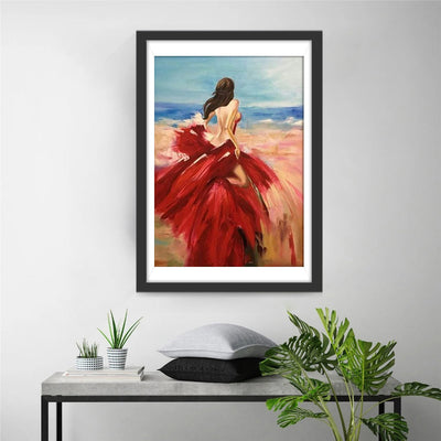 Belle Femme en Robe Rouge au Bord de Mer Broderie Diamant