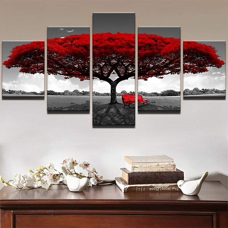 Arbre et Banc Rouges 5 Partie Broderie Diamant