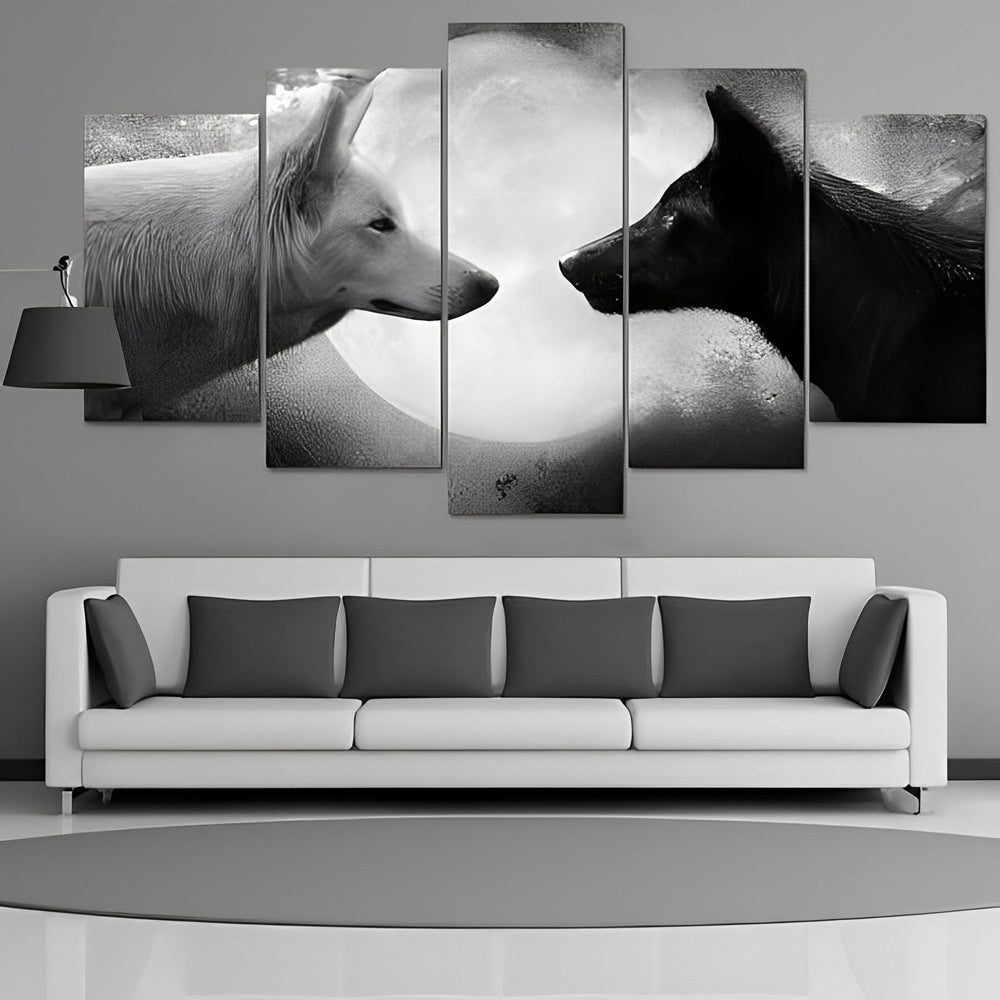 Loup Blanc et Loup Noir avec une Lune Claire 5 Partie Broderie Diamant