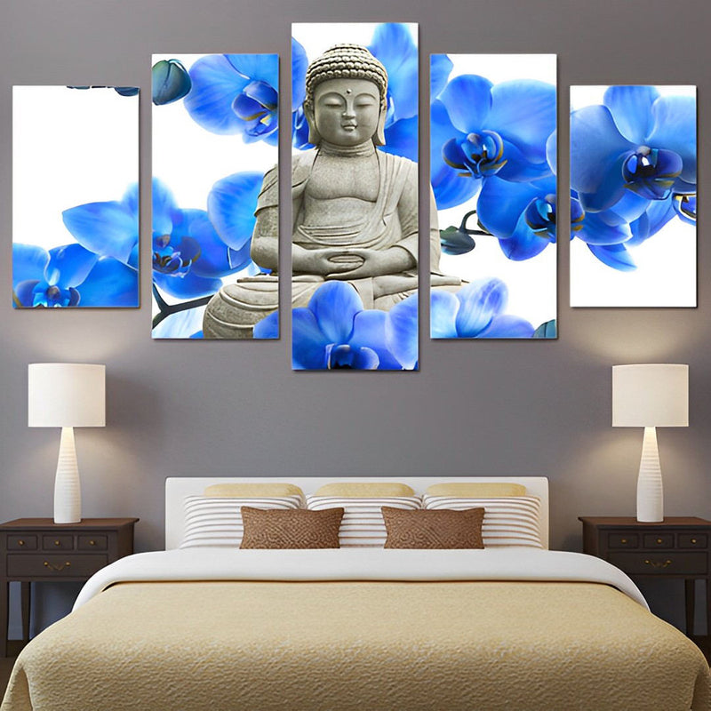 Bouddha et Orchidées Bleues 5 Partie Broderie Diamant