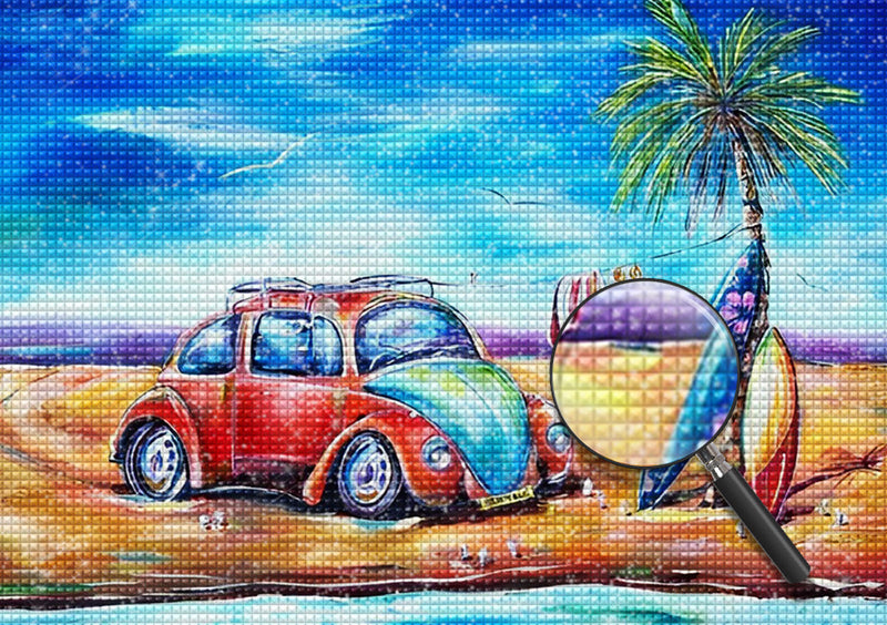 Voiture Rouge sur la Plage Broderie Diamant