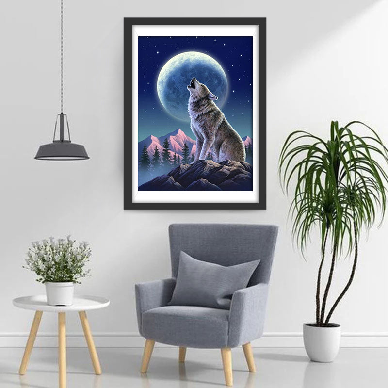 Loup et Lune Bleue Broderie Diamant