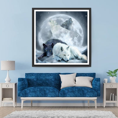 Couple de Loups avec la Lune Claire Broderie Diamant