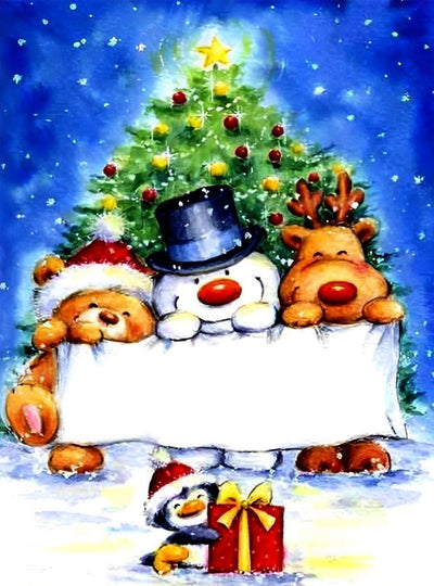 Adorable Bonhomme de Neige et les Animaux Cartoon Broderie Diamant