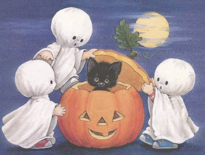 Adorables Petit Chat Noir et Petits Fantômes Broderie Diamant