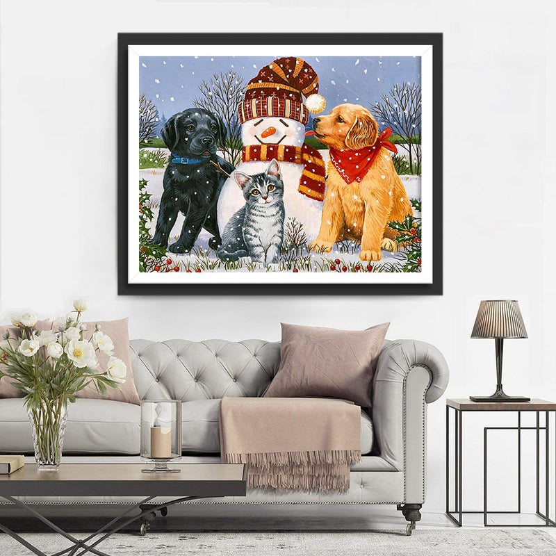 Animaux de Compagnie Jouant avec le Bonhomme de Neige Broderie Diamant