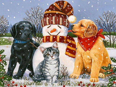 Animaux de Compagnie Jouant avec le Bonhomme de Neige Broderie Diamant