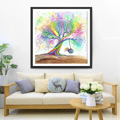 Arbre aux Couleurs Vives et Fille Jouant Broderie Diamant