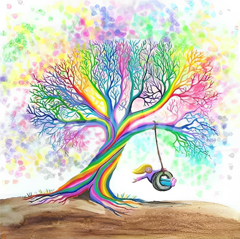 Arbre aux Couleurs Vives et Fille Jouant Broderie Diamant