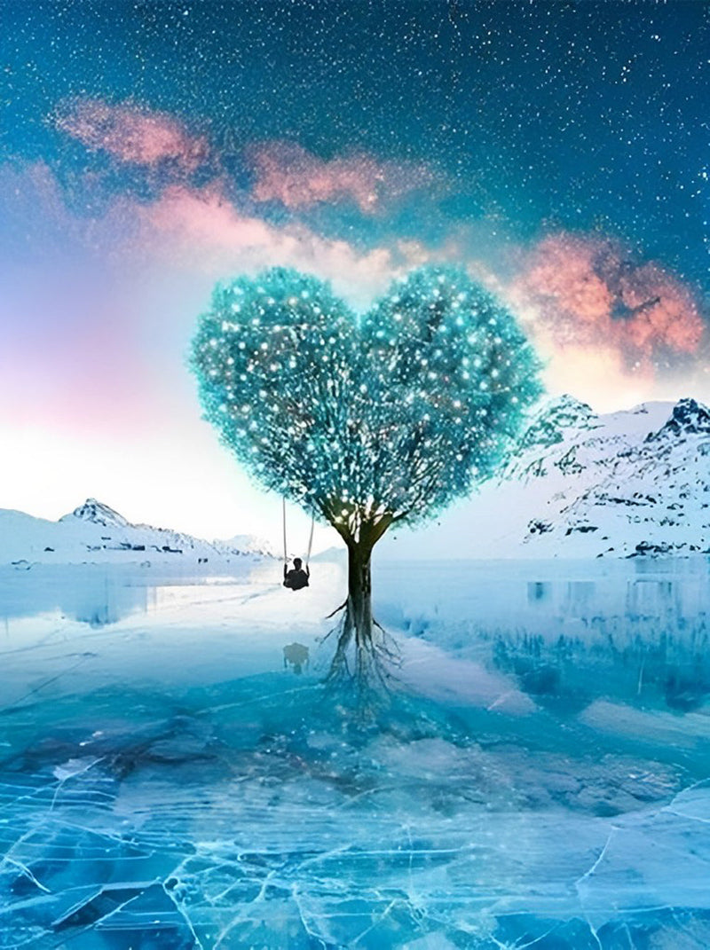 Arbre Bleu-Vert en Forme de Coeur Broderie Diamant