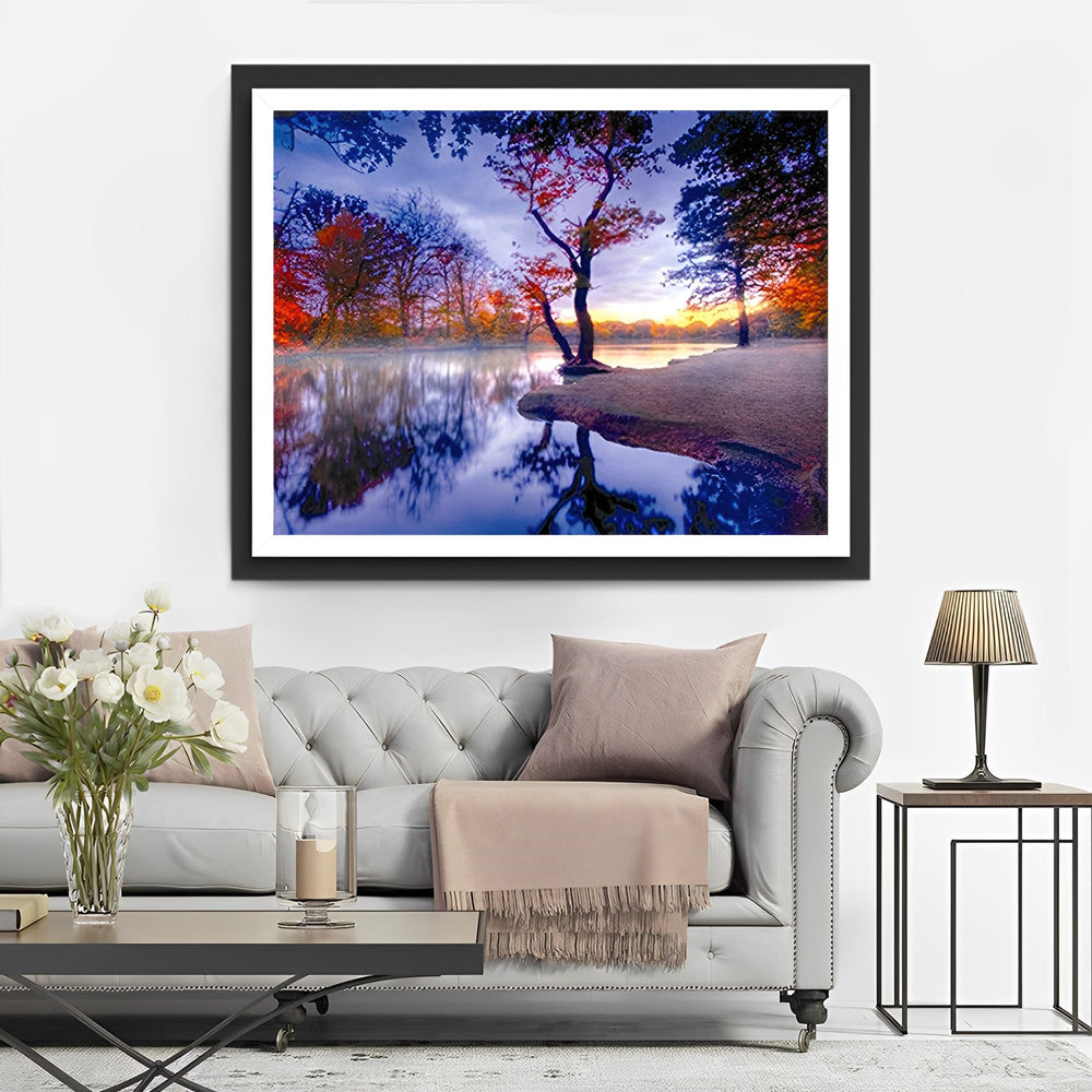 Arbre d'Automne et Lac Broderie Diamant