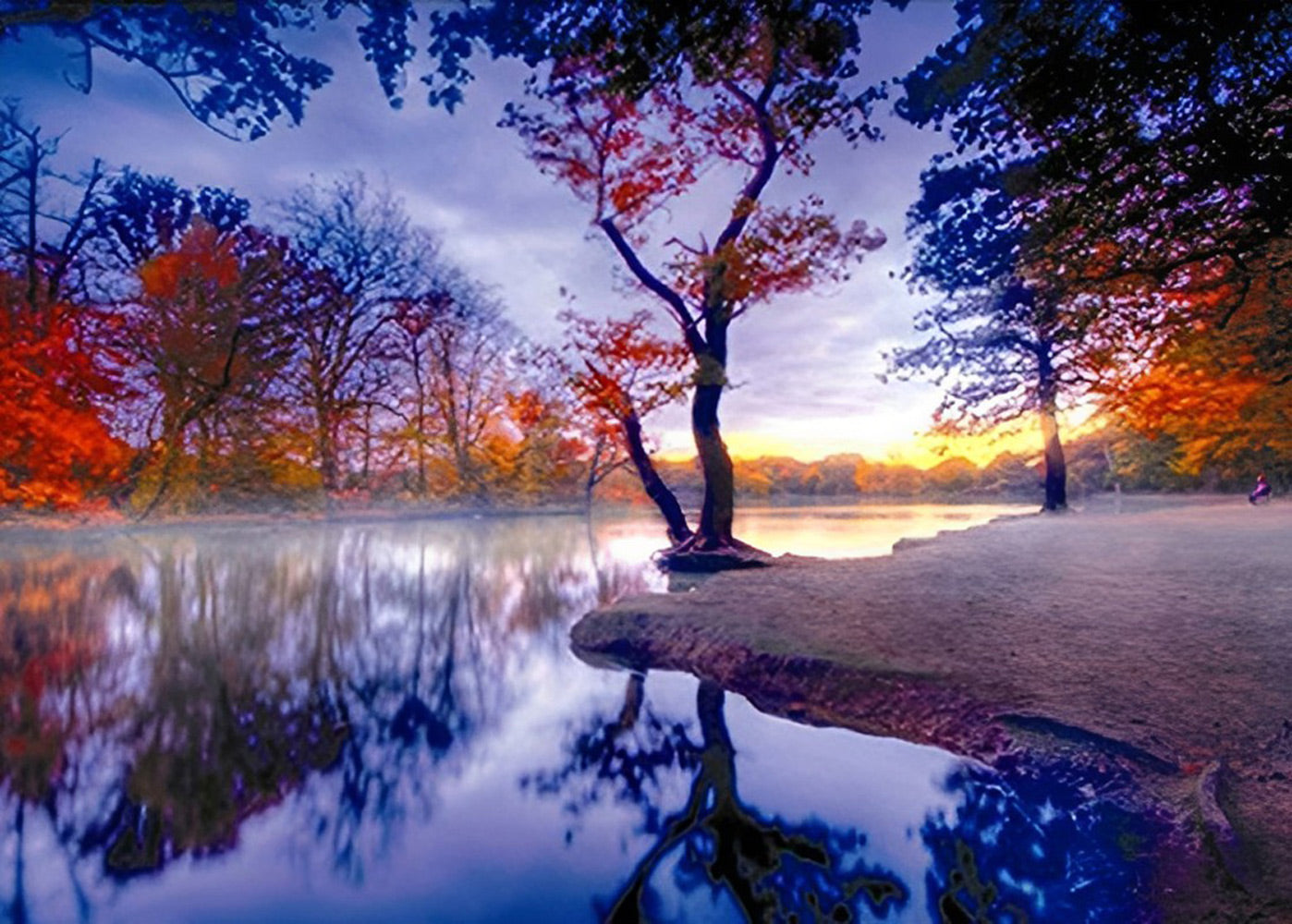 Arbre d'Automne et Lac Broderie Diamant