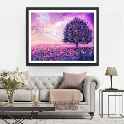 Arbre et Fleurs Violets Broderie Diamant