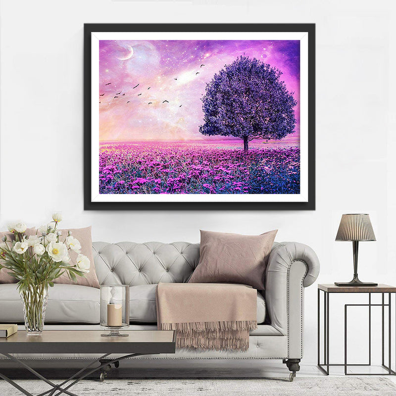 Arbre et Fleurs Violets Broderie Diamant