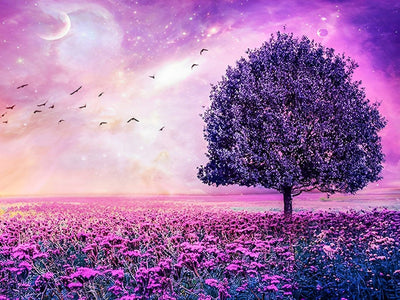 Arbre et Fleurs Violets Broderie Diamant