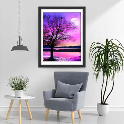Arbre et Lune avec le Ciel Violet Broderie Diamant