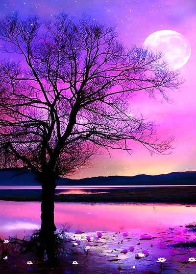 Arbre et Lune avec le Ciel Violet Broderie Diamant