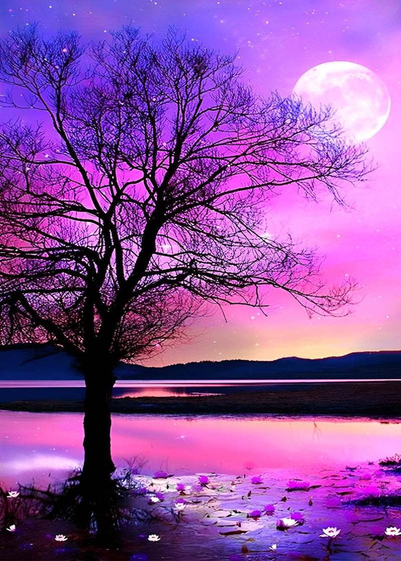 Arbre et Lune avec le Ciel Violet Broderie Diamant