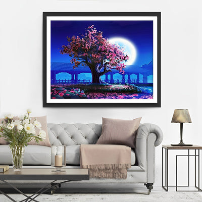 Arbre de Fleurs Roses et la Lune Broderie Diamant