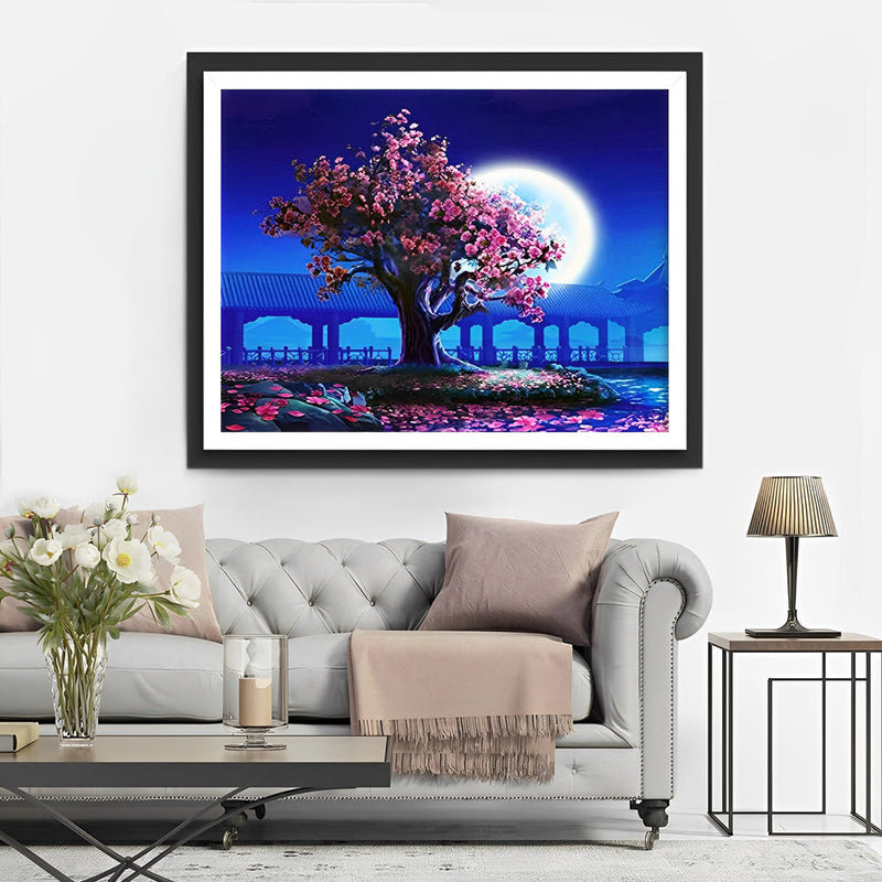 Arbre de Fleurs Roses et la Lune Broderie Diamant