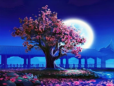 Arbre de Fleurs Roses et la Lune Broderie Diamant