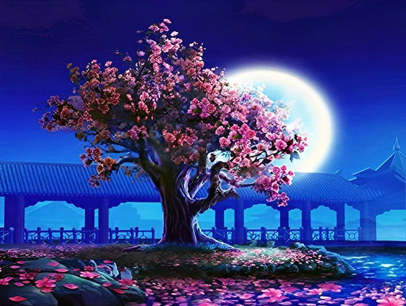Arbre de Fleurs Roses et la Lune Broderie Diamant