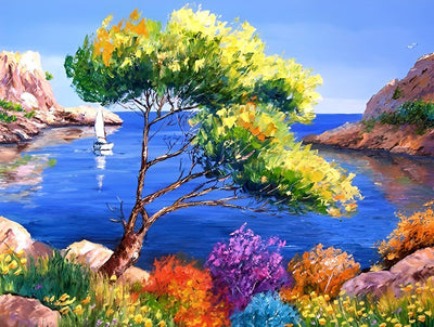 Arbre Incliné au Bord du Lac Broderie Diamant